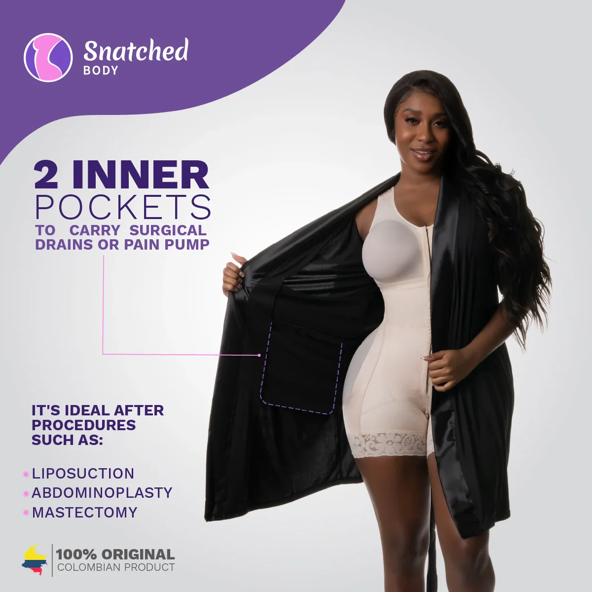 Snatched Body Accessories Post Surgery Recovery Night Gown Robe with Drain Pockets | ¾ Sleeves - Image 11